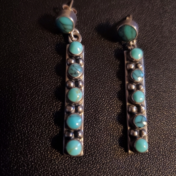 Turquoise Sterling Earrings Vintage Natural Stone 2"L - Picture 2 of 4